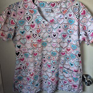 Uniform Advantage Scrubs Top SS White Pink Hearts Valentine's Day Women's Size M